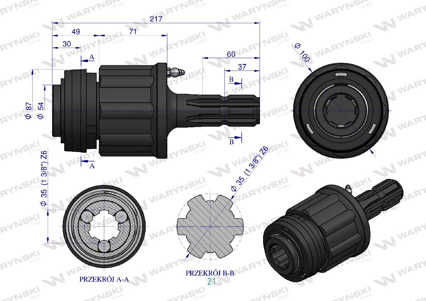 Sprzęgło zewnętrzne zapadkowe wału 500Nm - 1 3/8 Z6 Waryński