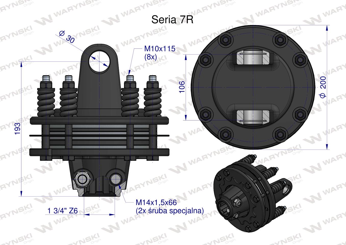 Sprzęgło cierne 4 tarczowe wału Seria 7R 1700Nm - 30x106 - 1 3/4 Z6 WARYŃSKI