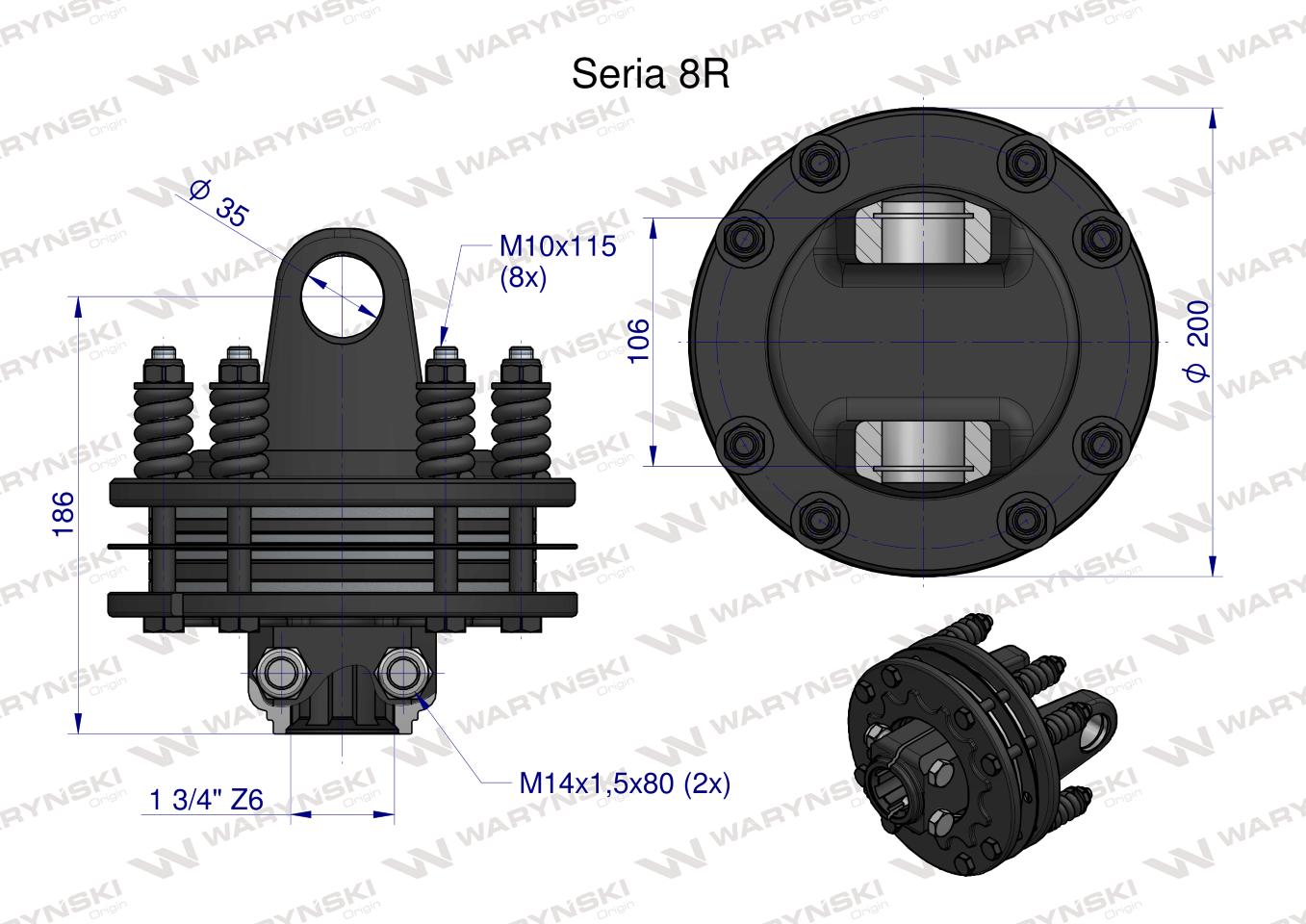 Sprzęgło cierne 4 tarczowe wału Seria 8R 1700Nm - 35x106 - 1 3/4 Z6 WARYŃSKI