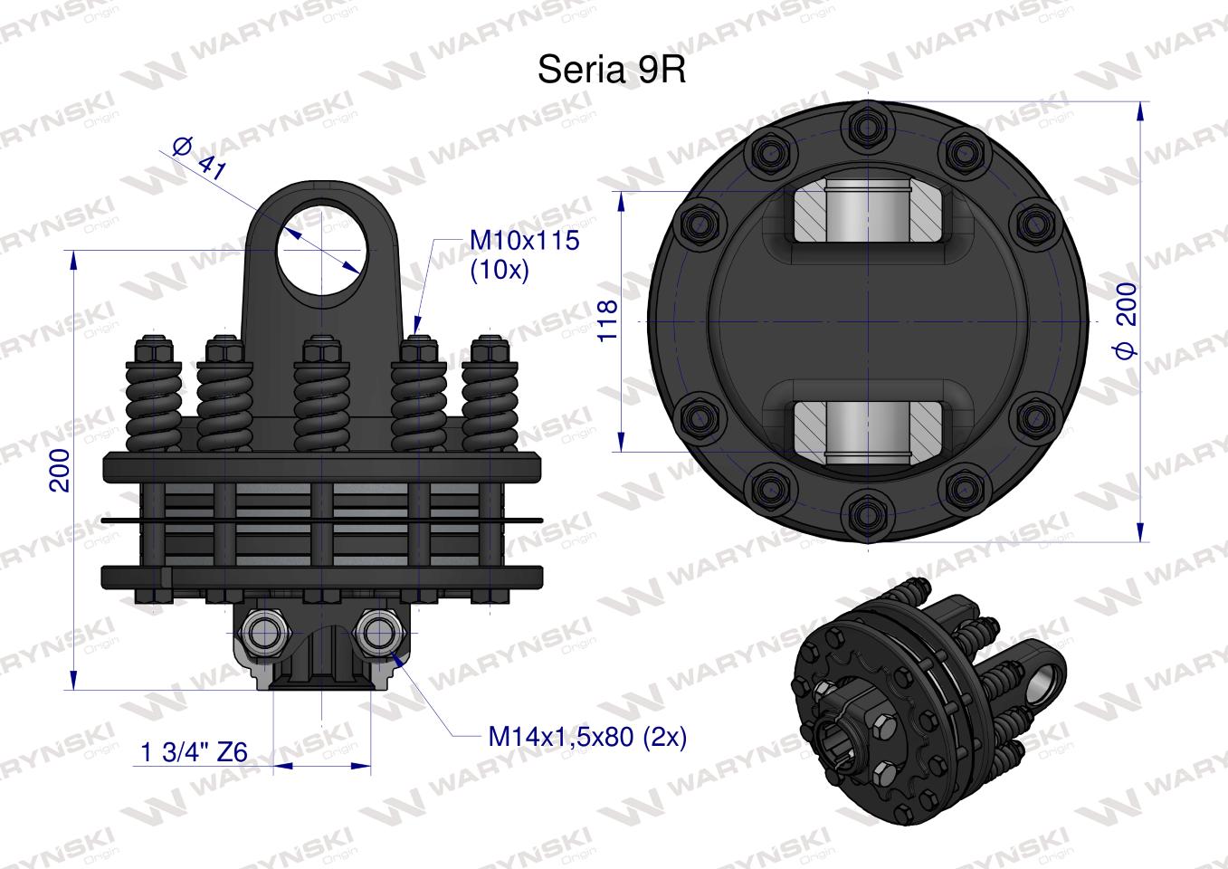 Sprzęgło cierne 4 tarczowe wału Seria 9R 1700Nm - 41x118 - 1 3/4 Z6 WARYŃSKI