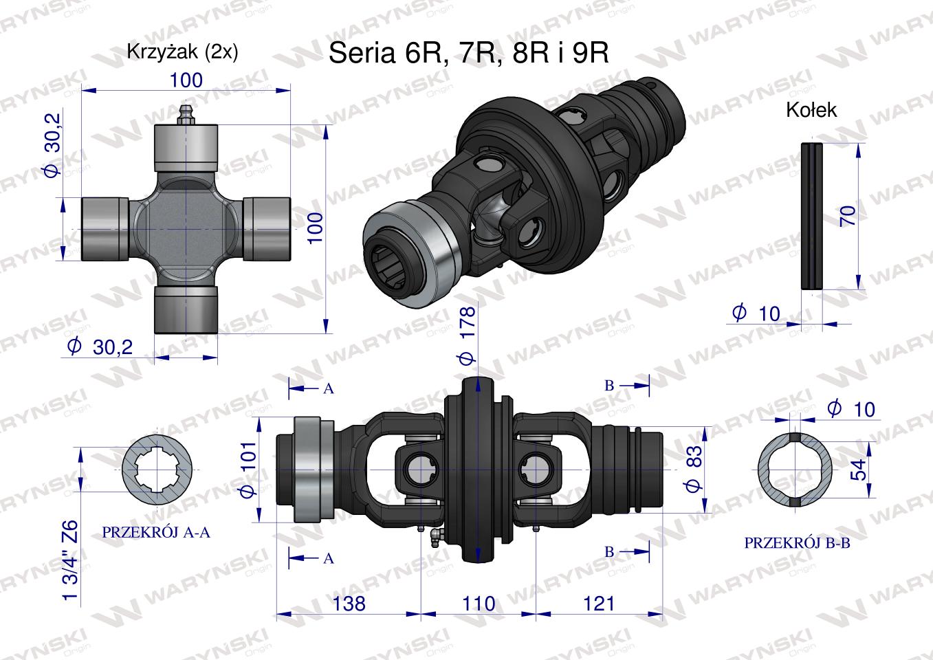 Przegub szerokokątny, kpl. wału Seria 6R 7R 8R 9R na rurę 54X4 -  1 3/4 Z6, Waryński