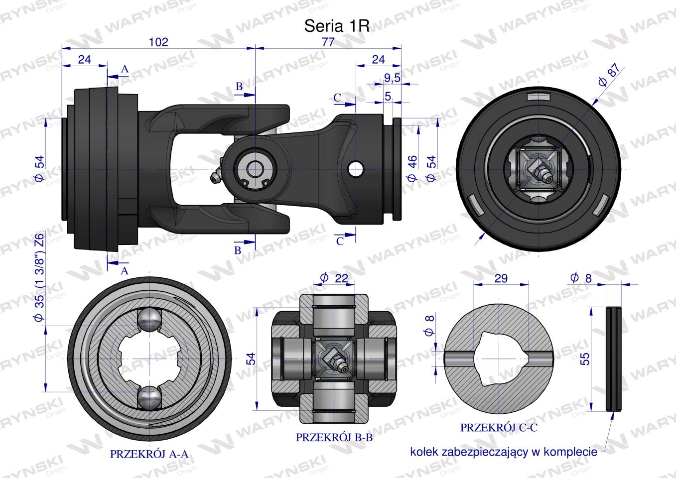 Przegub kompletny z krzyżakiem 22X54 seria 1 do rury wewnętrznej 29mm Waryński