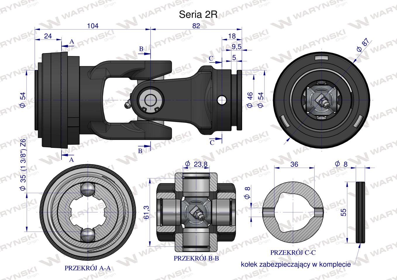 Przegub kompletny z krzyżakiem 23.8X61.3 seria 2 do rury wewnętrznej 36mm Waryński