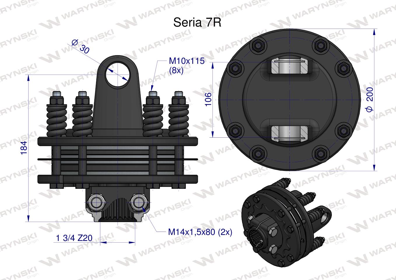 Sprzęgło cierne 4 tarczowe wału Seria 7R 1700Nm - 30x106 - 1 3/4 Z20 WARYŃSKI