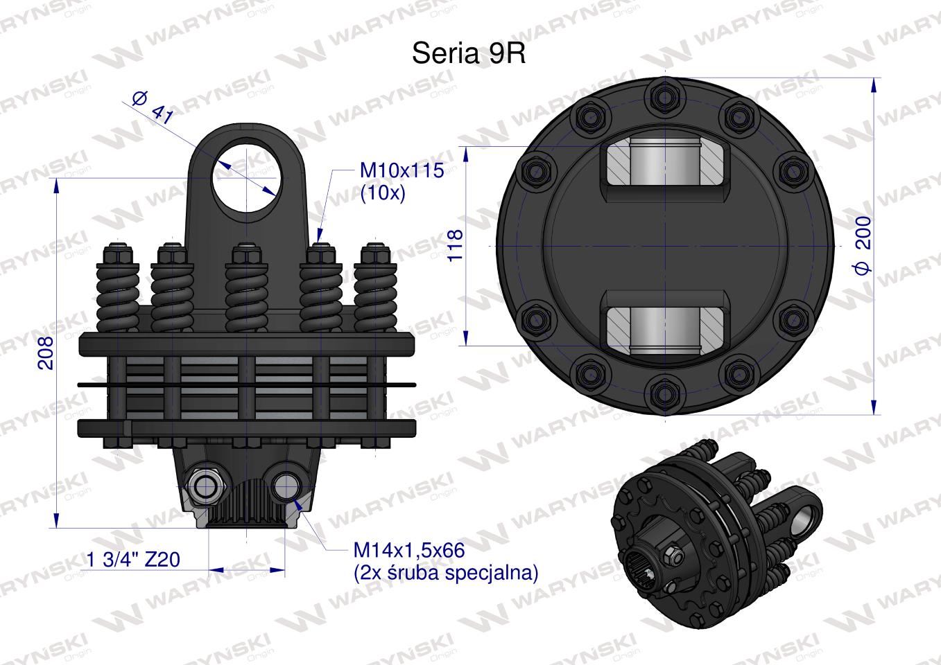 Sprzęgło cierne 4 tarczowe wału Seria 9R 1700Nm - 41x118 - 1 3/4 Z20 WARYŃSKI