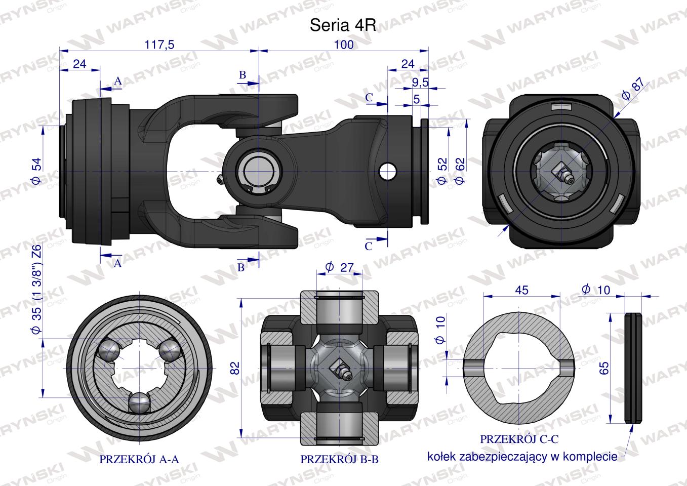 Przegub kompletny z krzyżakiem 27X82 seria 4 do rury wewnętrznej 45mm Waryński