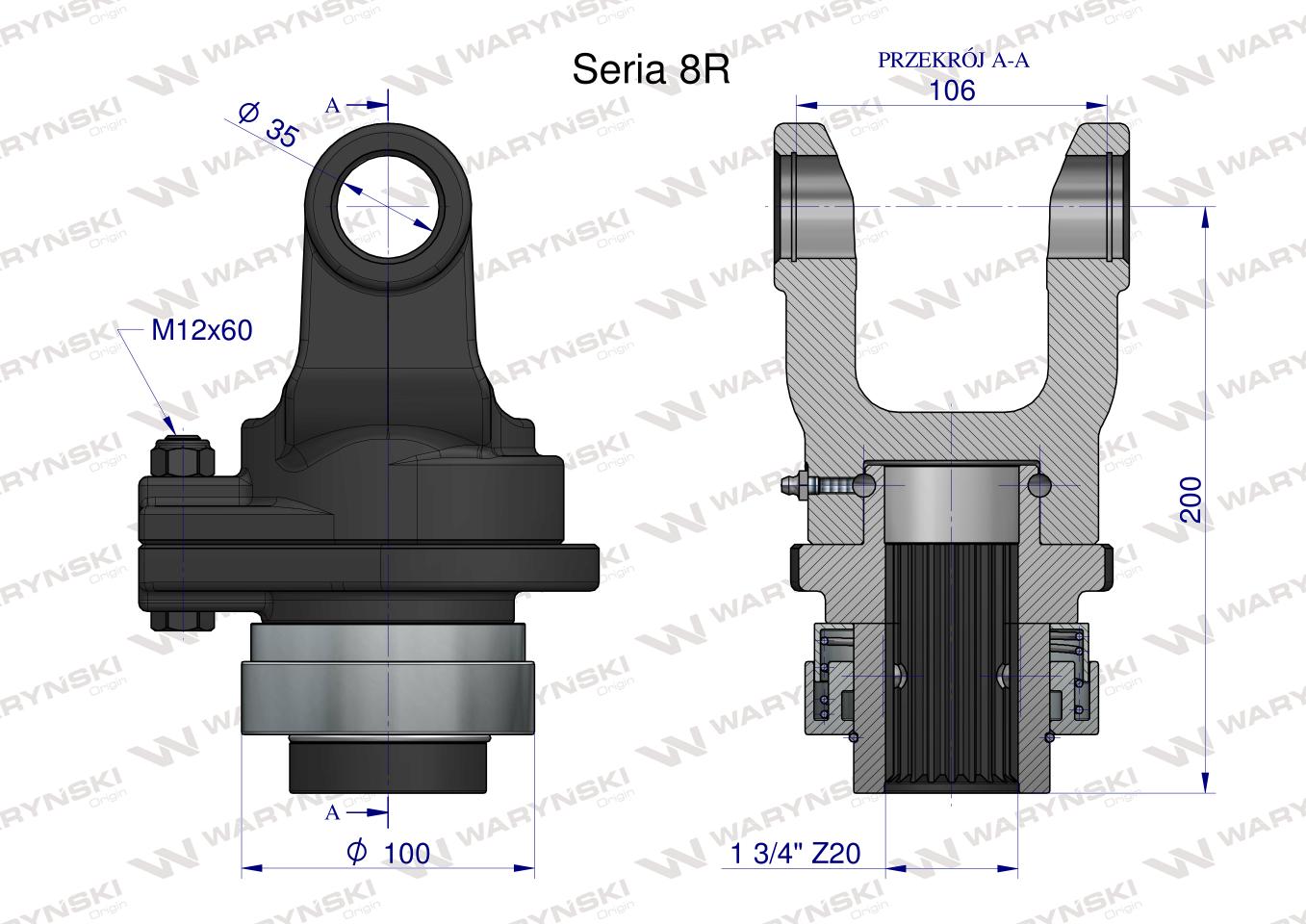 Sprzęgło na kołek wału Seria 8R 3000Nm - 35x106 - 1 3/4 Z20 WARYŃSKI