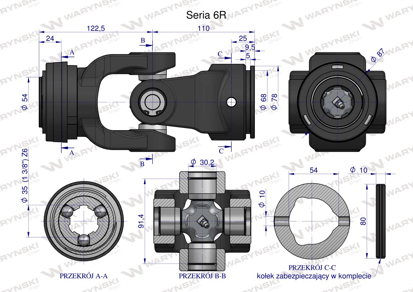 Przegub kompletny z krzyżakiem 30.2X91.4 seria 6 do rury zewnętrznej 54mm Waryński