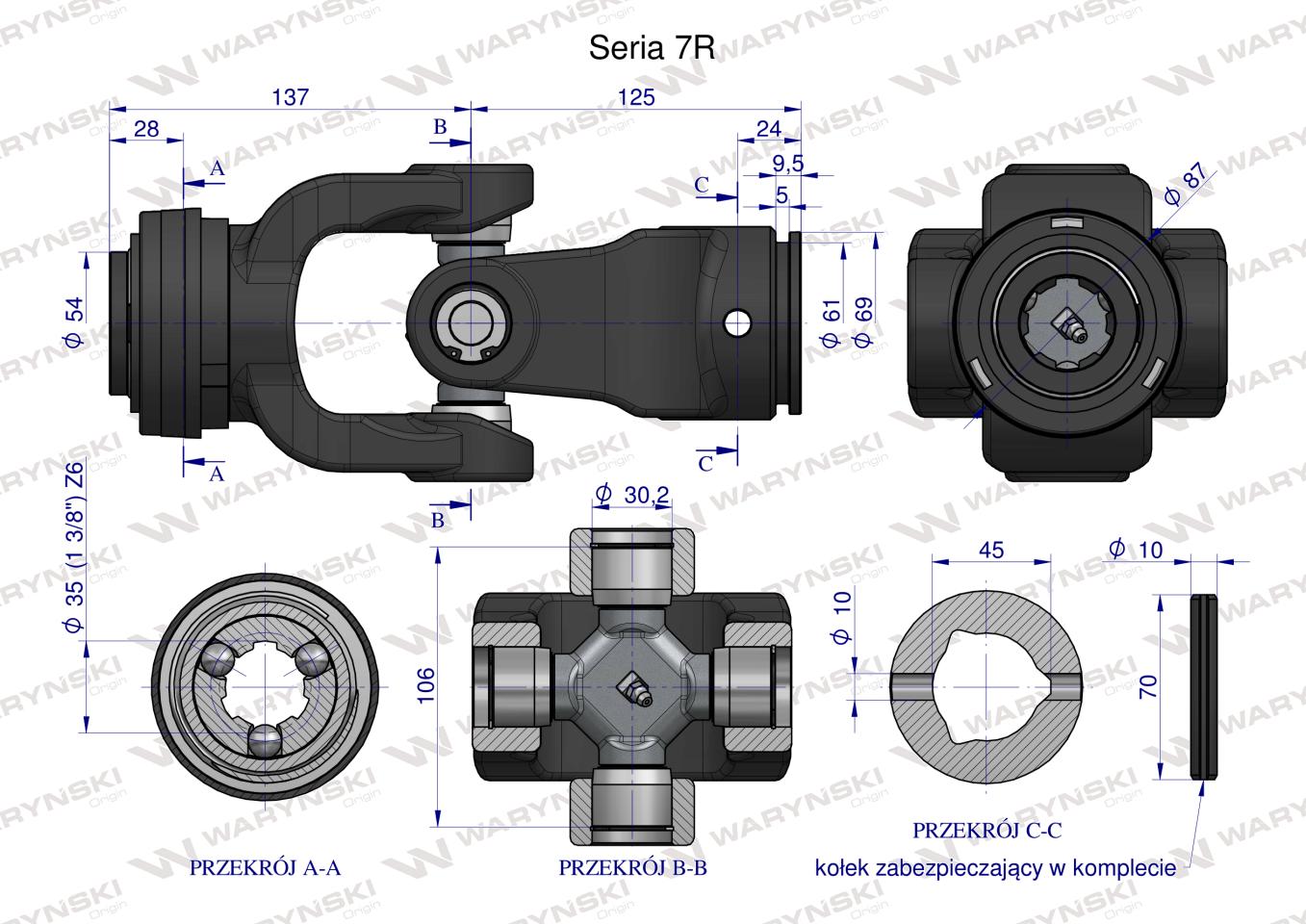 Przegub kompletny z krzyżakiem 30X106 seria 7 do rury wewnętrznej 45mm Waryński
