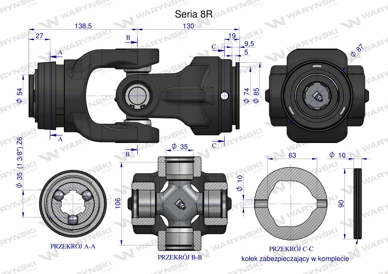 Przegub kompletny z krzyżakiem 35X106 seria 8 do rury zewnętrznej 63mm Waryński