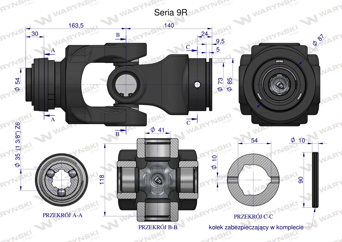 Przegub kompletny z krzyżakiem 41X118 seria 9 do rury wewnętrznej 54mm Waryński