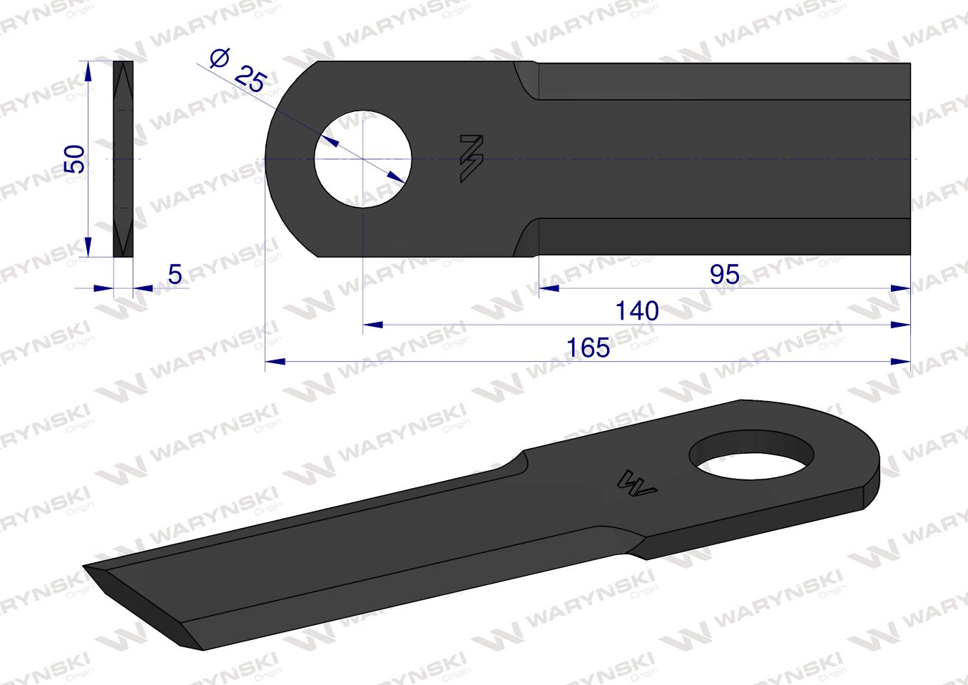 Nóż, obrotowy rozdrabniacz słomy sieczkarnia gładki 165x50x5mm otwór 25 zastosowanie DS175 WARYŃSKI, Waryński