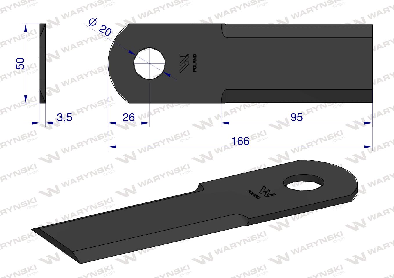Nóż obrotowy rozdrabniacz słomy sieczkarnia 166x50x3.5mm otwór 20 zastosowanie 1322241C2 Massey Ferguson WARYŃSKI ( sprzedawane po 25 )