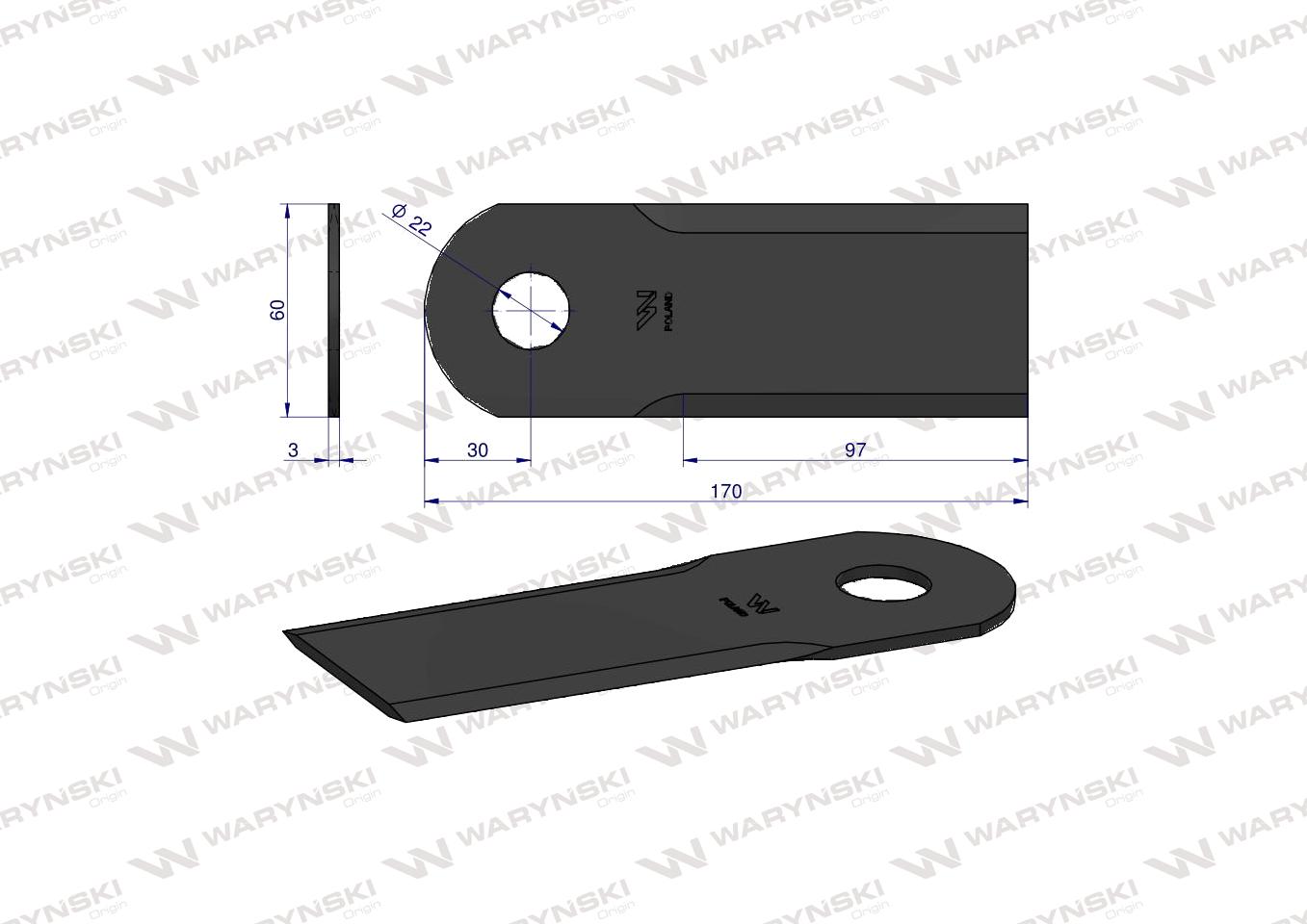Nóż obrotowy rozdrabniacz słomy sieczkarnia Bizon DYMINY/ŻUKOWO szerokość 60mm fi-22 WARYŃSKI ( sprzedawane po 25 )