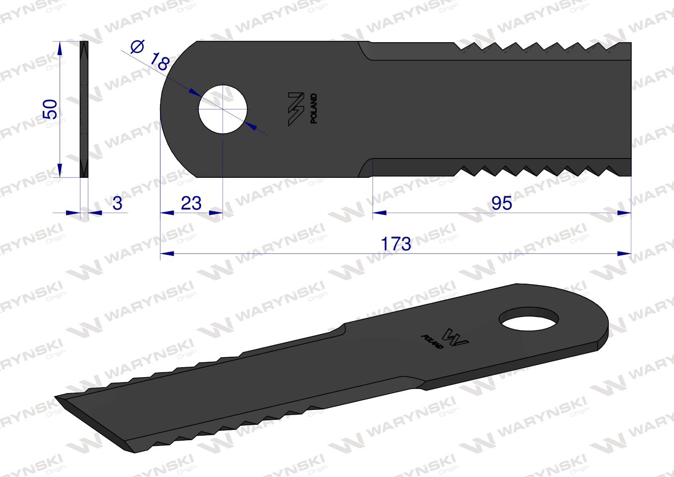 Nóż, obrotowy rozdrabniacz słomy sieczkarnia 173x50x3mm otwór 18 zastosowanie 065294 525100 Claas WARYŃSKI, Waryński