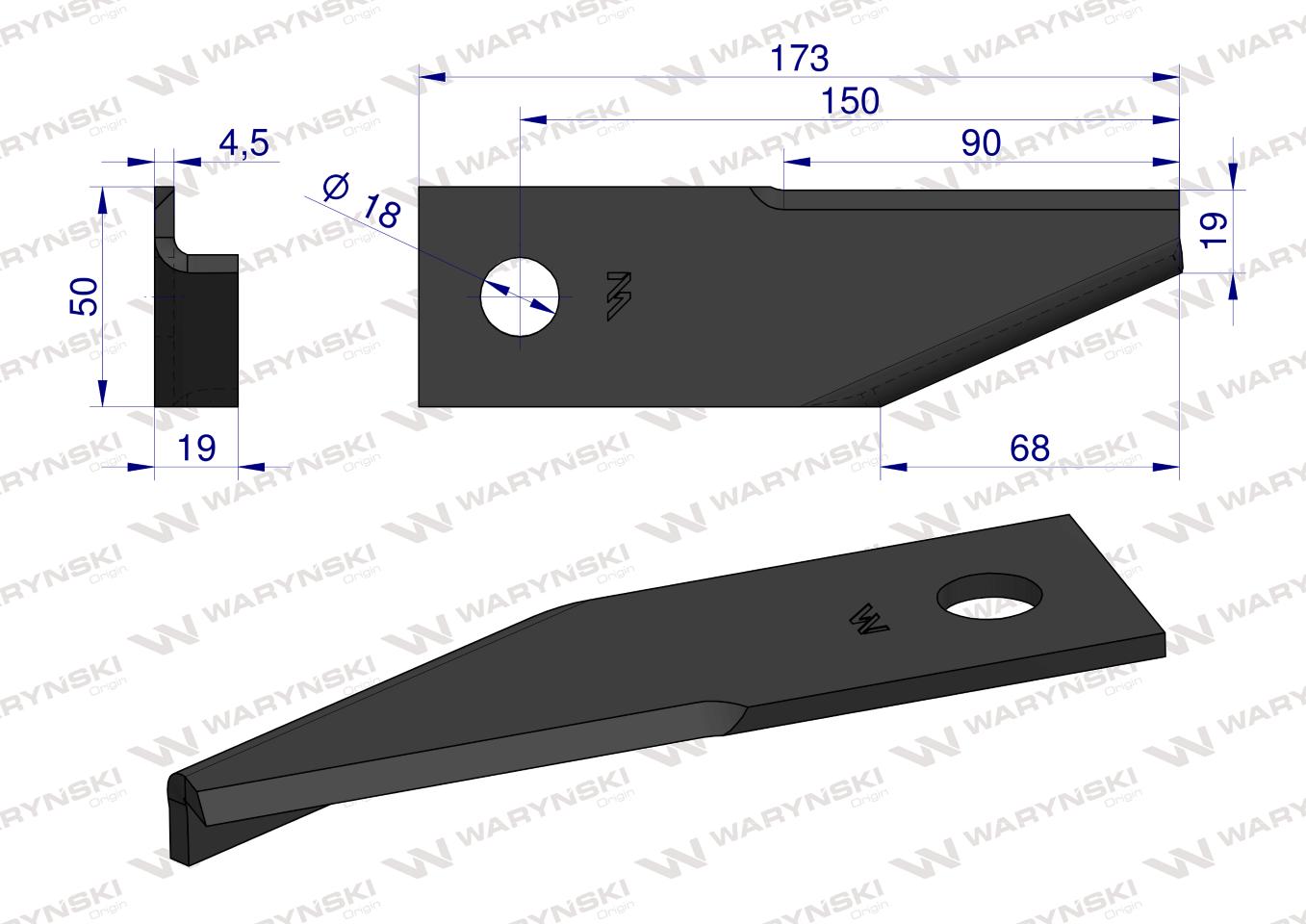 Nóż obrotowy rozdrabniacz słomy sieczkarnia podgięty lewy 173x50x4.5mm otwór 18 zastosowanie 87031976 New Holland WARYŃSKI ( sprzedawane po 25 )