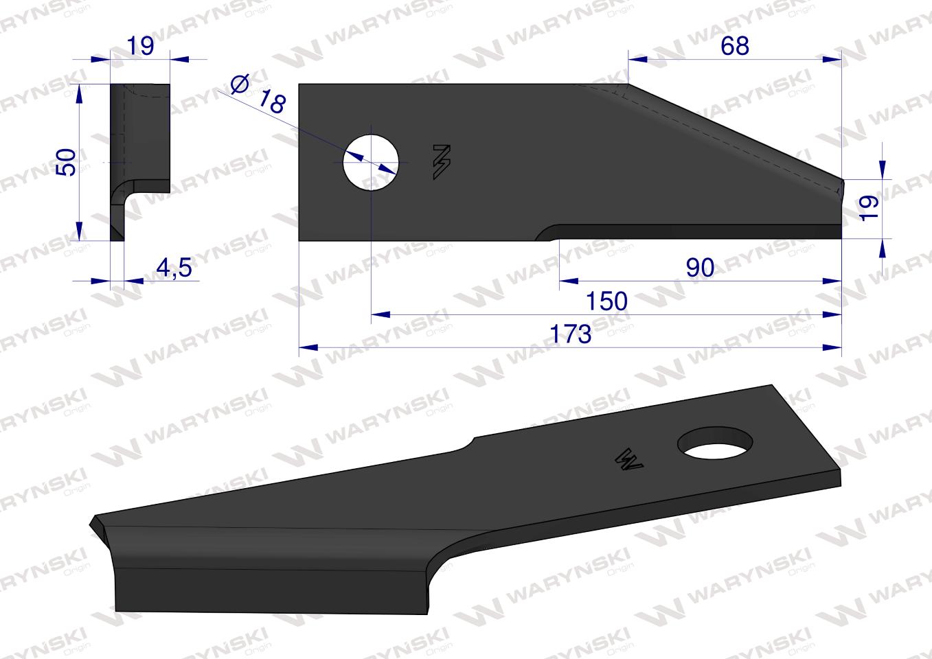 Nóż obrotowy rozdrabniacz słomy sieczkarnia podgięty 173x50x4.5mm otwór 18 zastosowanie 87031976 New Holland WARYŃSKI ( sprzedawane po 25 )