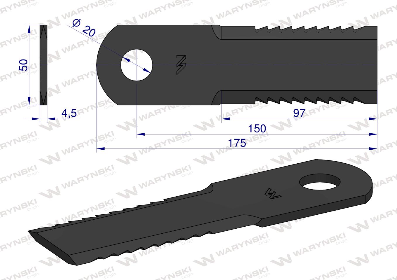 Nóż, obrotowy rozdrabniacz słomy sieczkarnia uzębiony 173x50x4.5mm otwór 20 zastosowanie 84068444 New Holland WARYŃSKI, Waryński