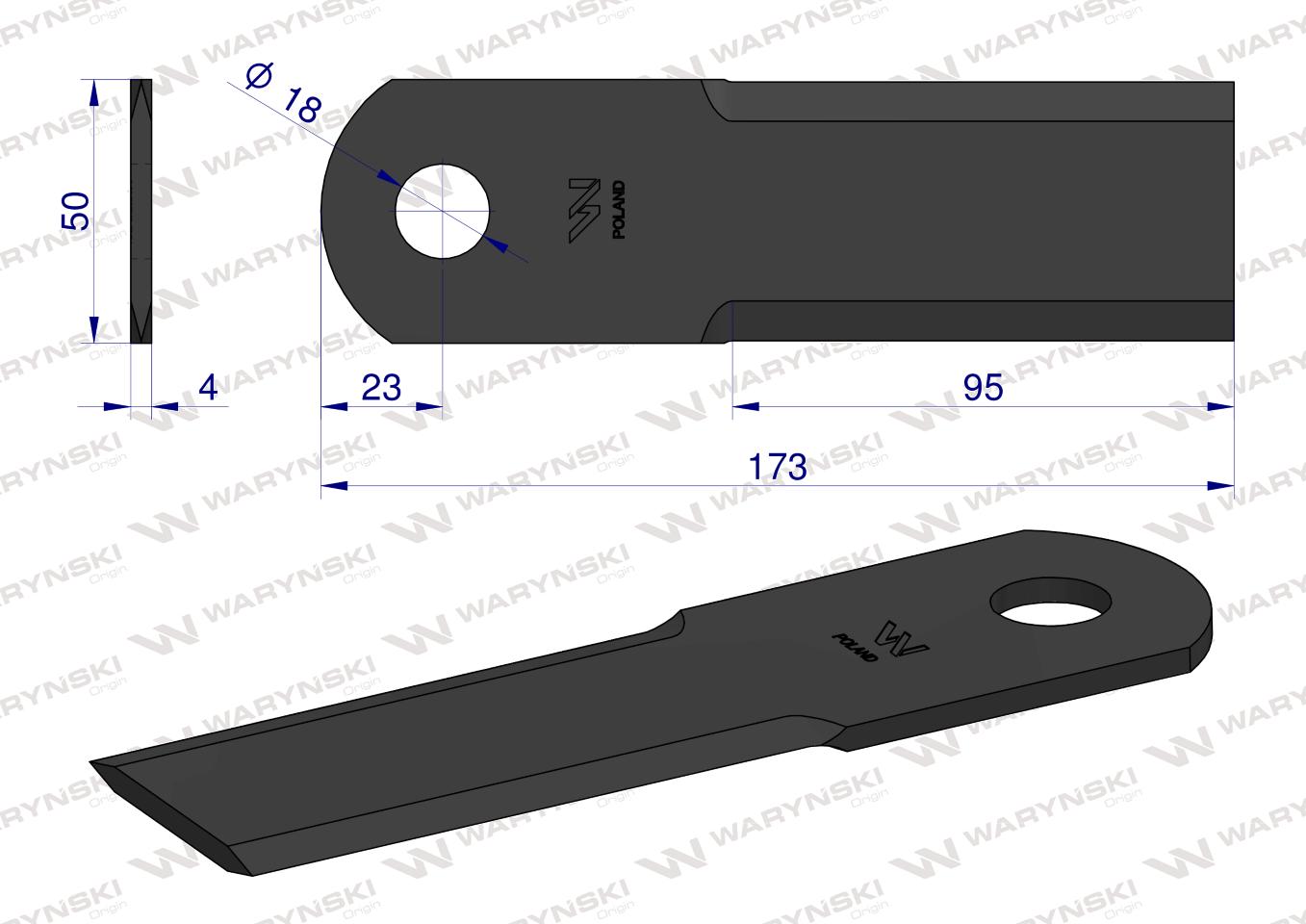 Nóż, obrotowy rozdrabniacz słomy sieczkarnia 173x50x4mm otwór 18 zastosowanie 746813 New Holland WARYŃSKI, Waryński