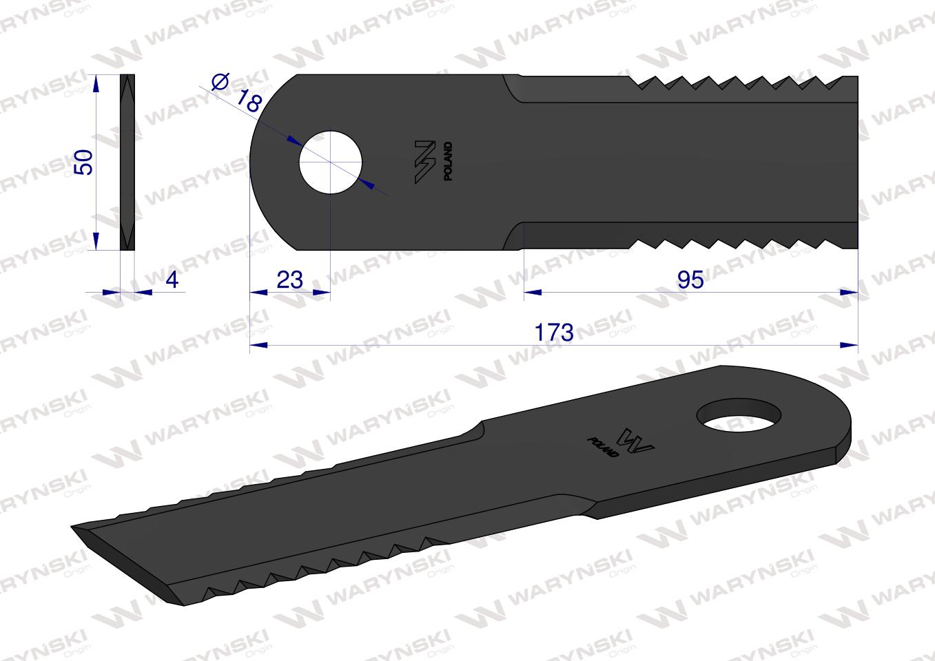 Nóż obrotowy rozdrabniacz słomy sieczkarnia 173x50x4mm otwór 18 zastosowanie 600174 John Deere MF New Holland WARYŃSKI ( sprzedawane po 25 )