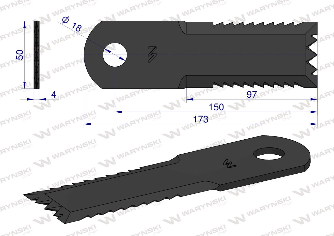 Nóż obrotowy rozdrabniacz słomy sieczkarnia uzębiony 173x50x4mm otwór 18 zastosowanie Z77601 John Deere WARYŃSKI ( sprzedawane po 25 )