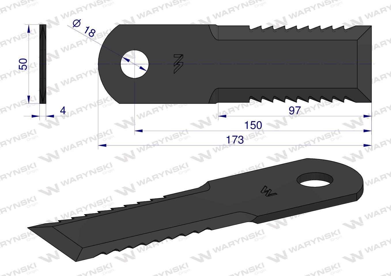 Nóż obrotowy rozdrabniacz słomy sieczkarnia uzębiony 173x50x4mm otwór 18 zastosowanie 322326450 Lavwerda Fendt MF WARYŃSKI ( sprzedawane po 25 )
