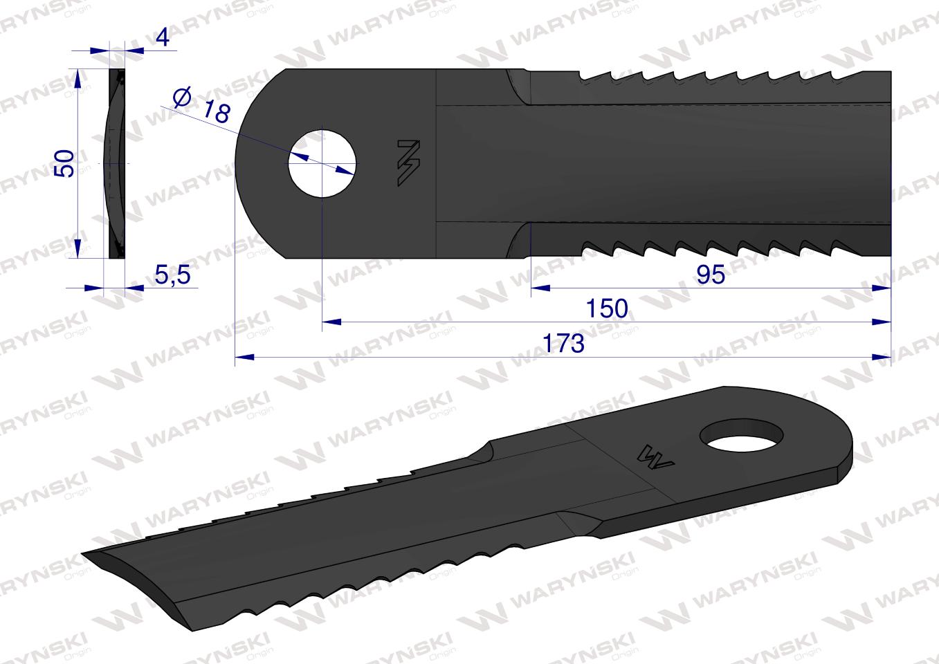 Nóż obrotowy rozdrabniacz słomy sieczkarnia uzębiony 173x50x4mm otwór 18 zastosowanie 84441392 New Holland WARYŃSKI ( sprzedawane po 25 )