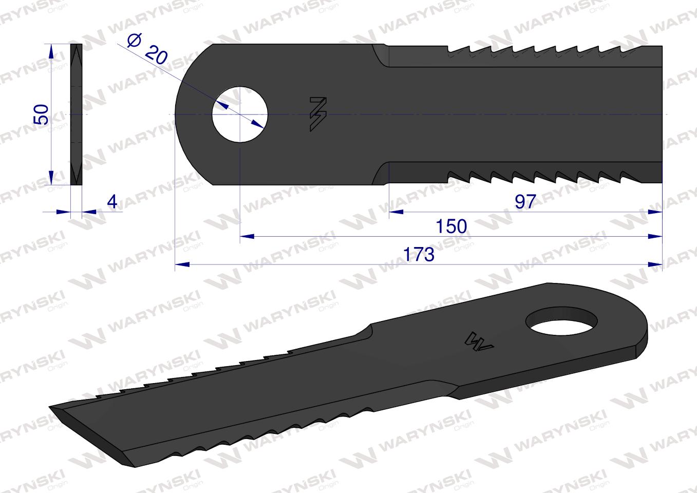 Nóż, obrotowy rozdrabniacz słomy sieczkarnia uzębiony 173x50x4mm otwór 20 zastosowanie 755784.0 Claas Lexion WARYŃSKI, Waryński