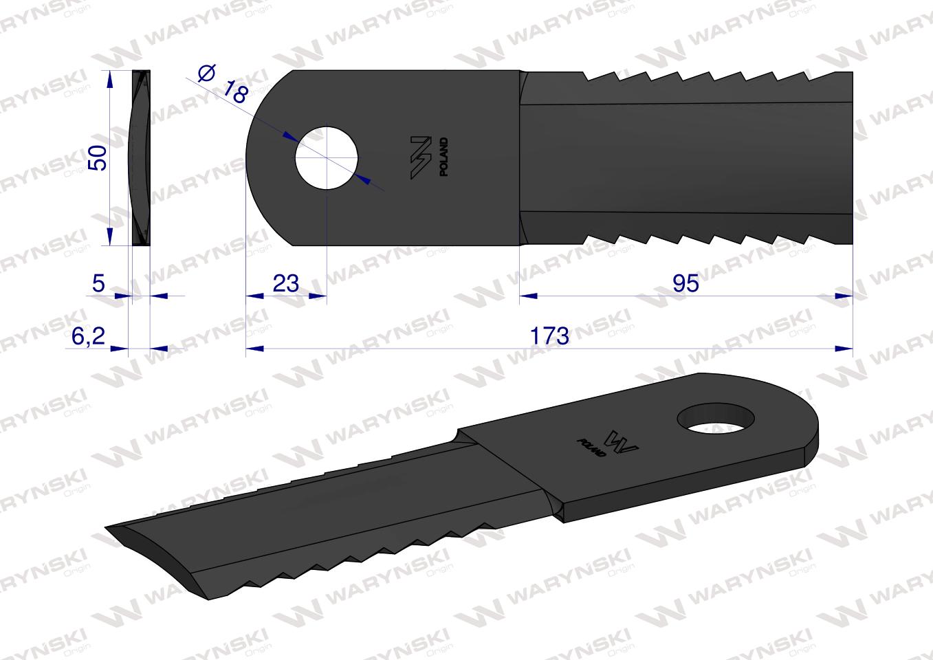 Nóż obrotowy rozdrabniacz słomy sieczkarnia 173x50x5mm otwór 18 zastosowanie 84437624 281445N New Holland WARYŃSKI ( sprzedawane po 25 )