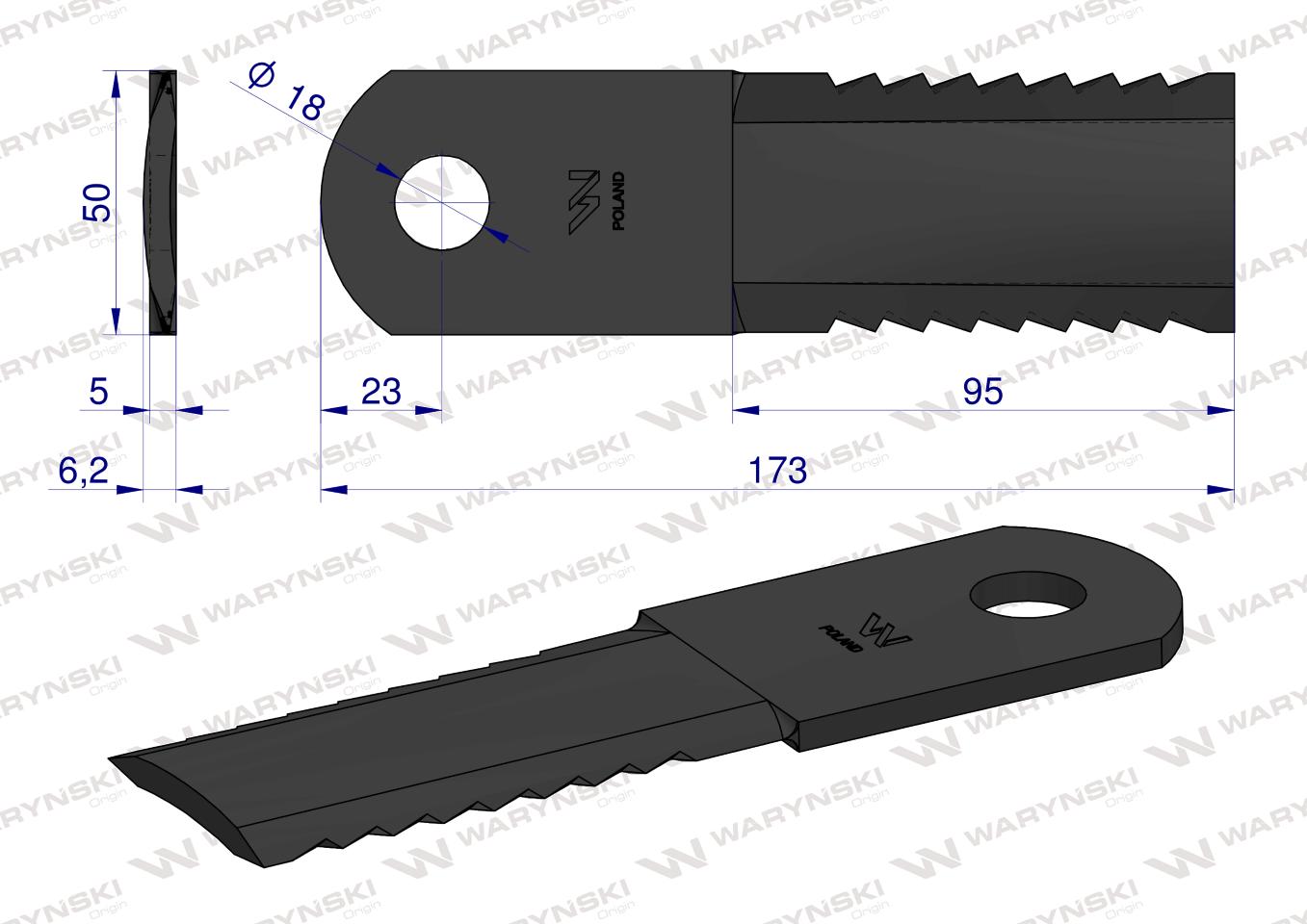 Nóż, obrotowy rozdrabniacz słomy sieczkarnia 173x50x5mm otwór 18 zastosowanie 84437624 281445N New Holland WARYŃSKI, Waryński