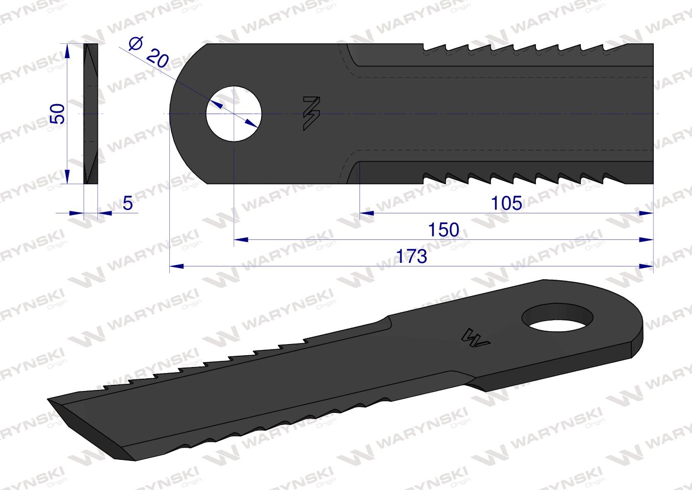 Nóż obrotowy rozdrabniacz słomy sieczkarnia uzębiony 175x50x5mm otwór 20 zastosowanie Z105500 John Deere WARYŃSKI ( sprzedawane po 25 )