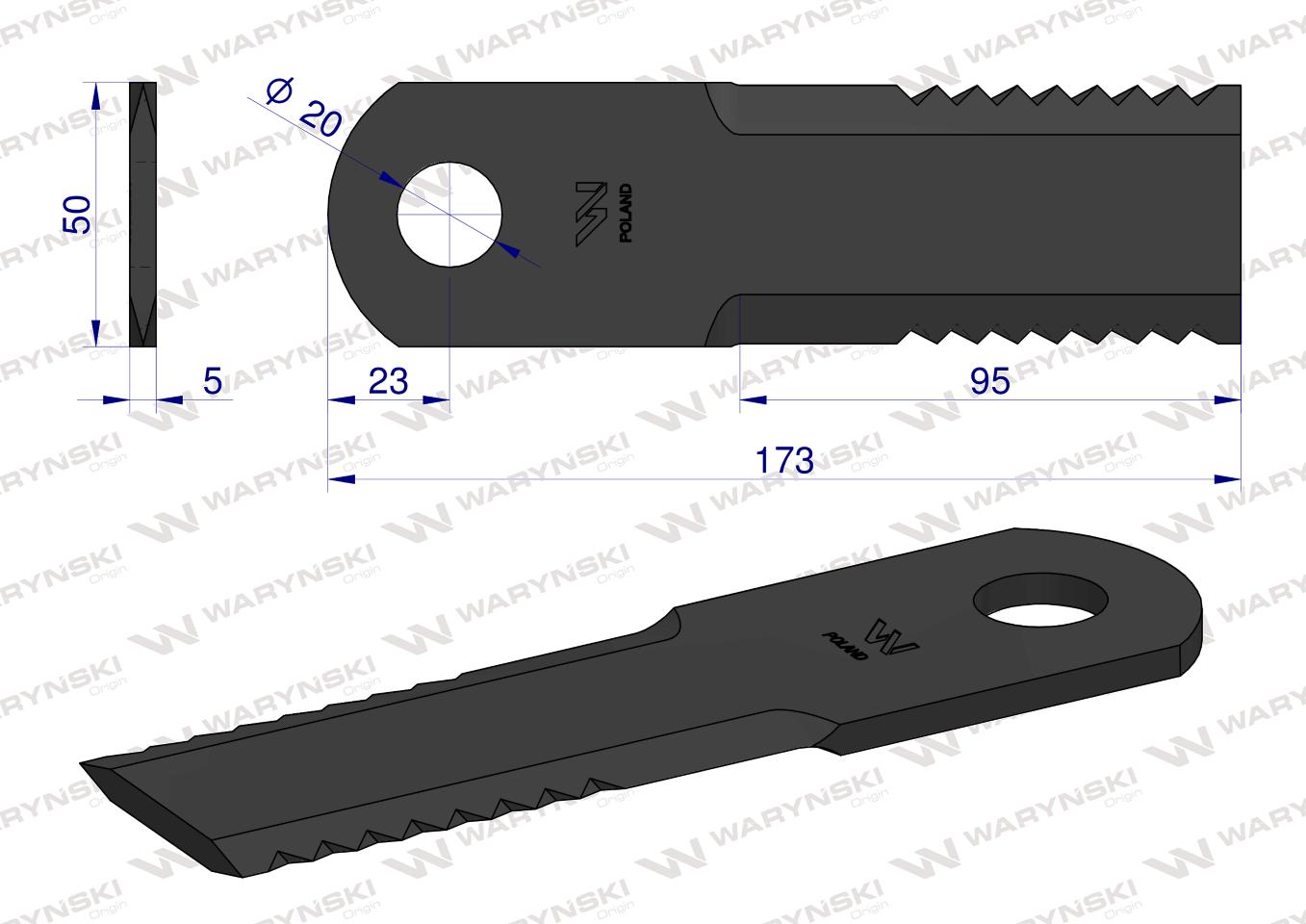 Nóż, obrotowy rozdrabniacz słomy sieczkarnia 173x50x5mm otwór 20 zastosowanie 87318316 New Holland WARYŃSKI, Waryński