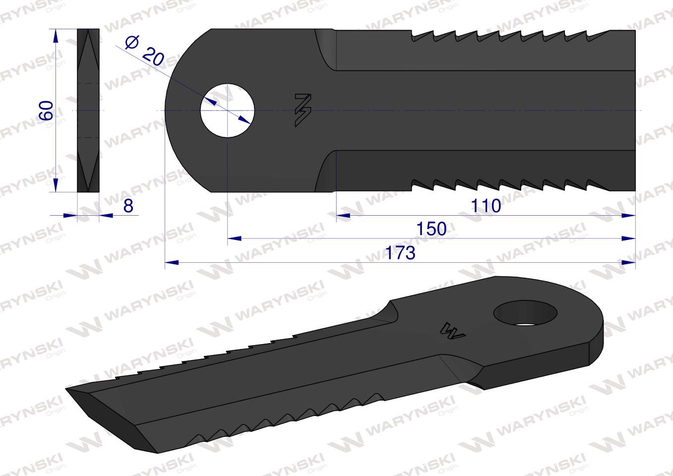 Nóż obrotowy rozdrabniacz słomy sieczkarnia uzębiony 173x60x8mm otwór 20 zastosowanie 270093250 Krone WARYŃSKI ( sprzedawane po 10 )