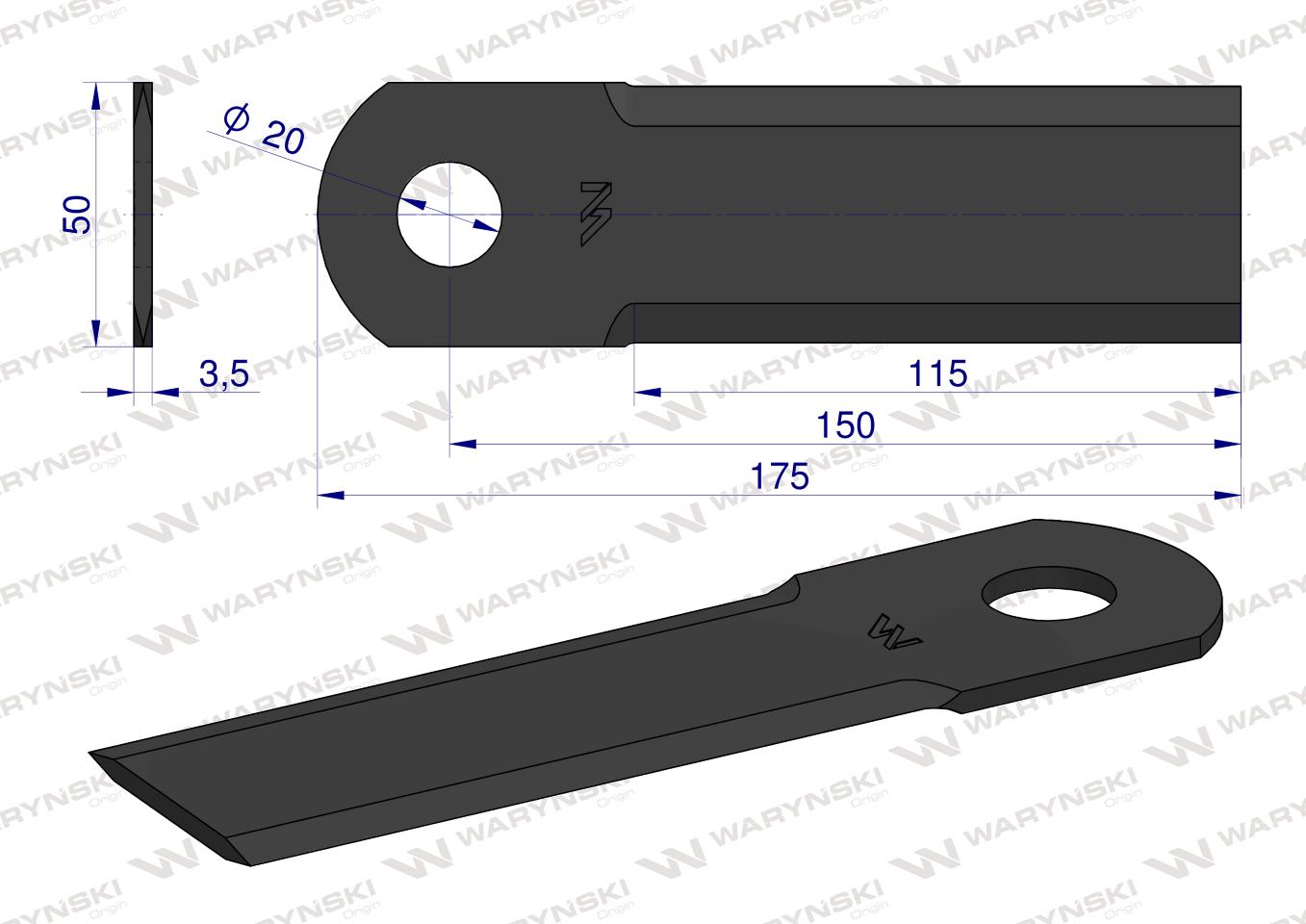 Nóż obrotowy rozdrabniacz słomy sieczkarnia gładki 175x50x3.5mm otwór 20 zastosowanie HF41348 WARYŃSKI ( sprzedawane po 25 )
