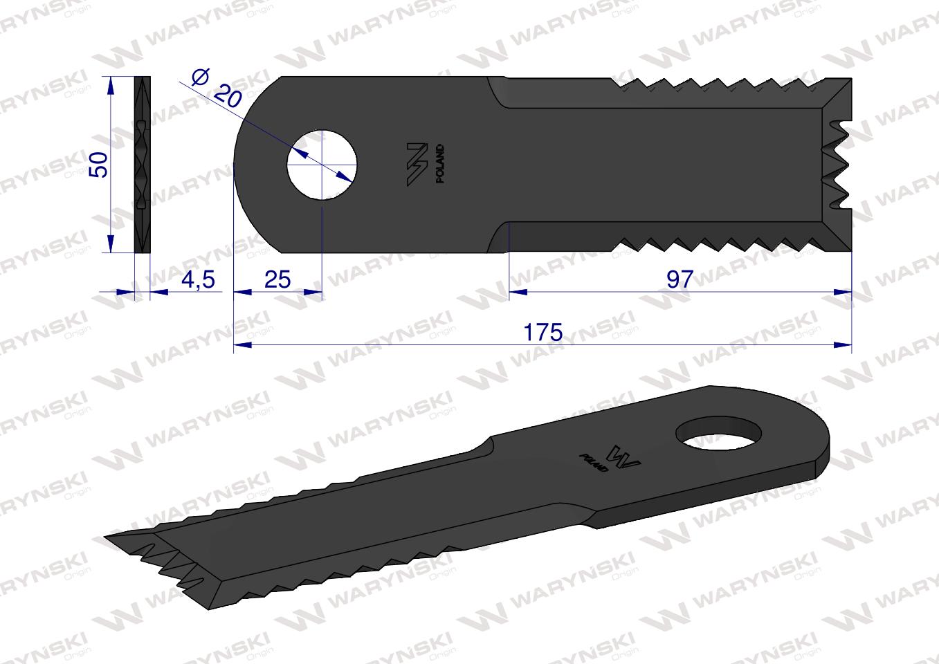Nóż obrotowy rozdrabniacz słomy sieczkarnia 175x50x4.5mm otwór 20 zastosowanie HF44443 52900027 New Holland WARYŃSKI ( sprzedawane po 25 )