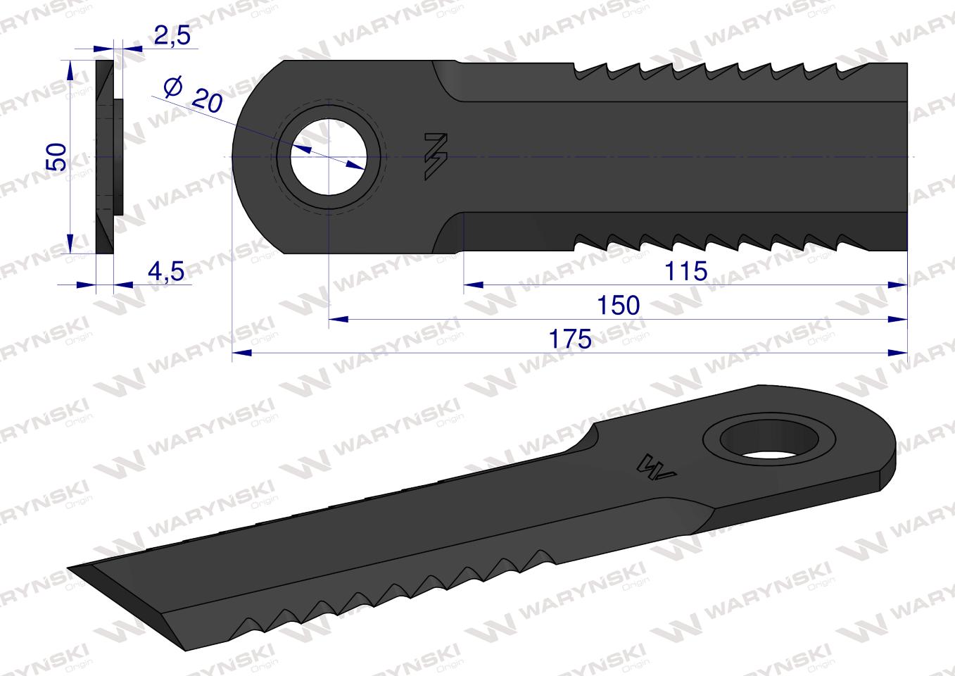 Nóż obrotowy sieczkarnia 175x50x4.5mm otwór 20 z tuleją zastosowanie 1994760C4R Case WARYŃSKI ( sprzedawane po 25 )