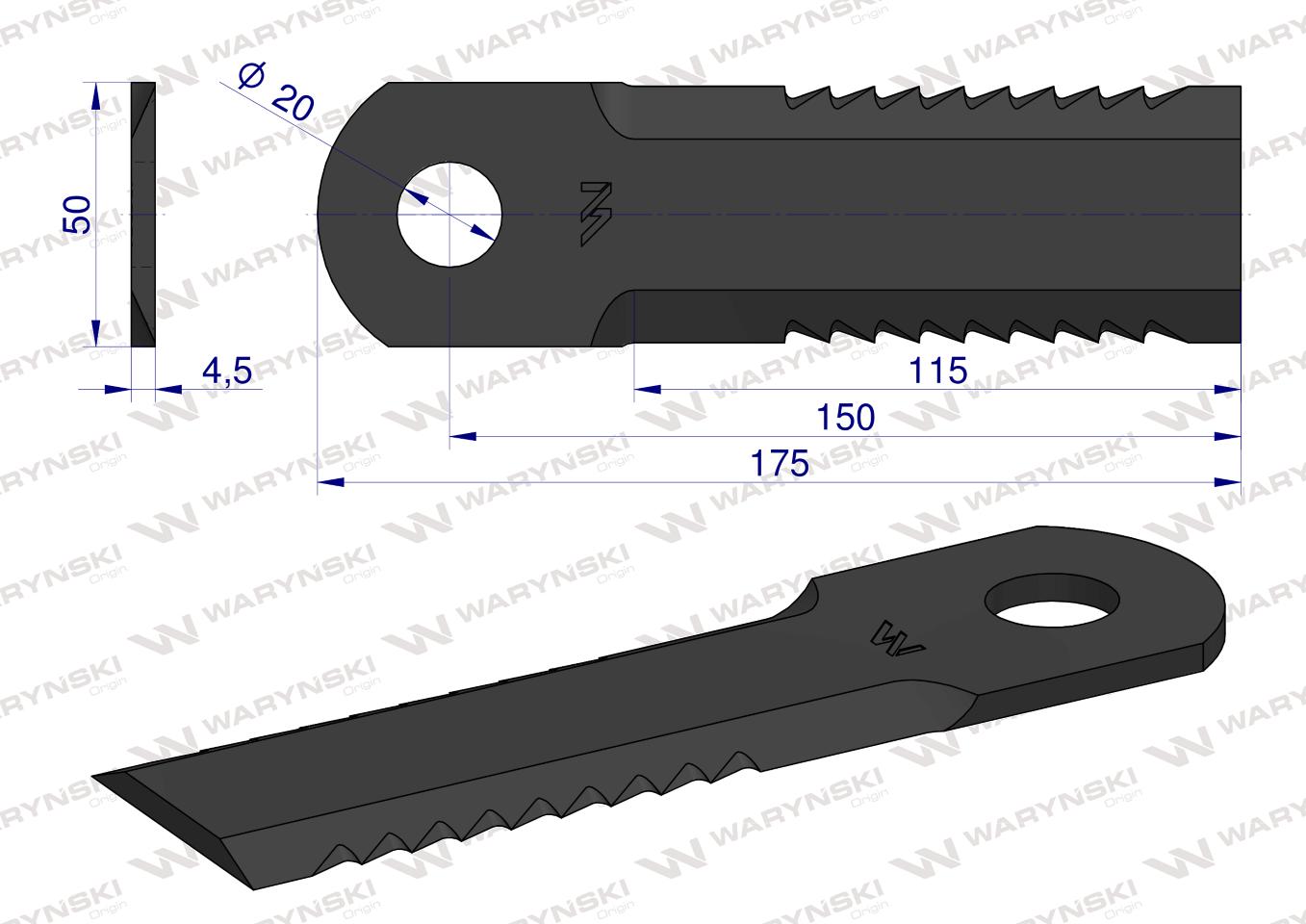 Nóż obrotowy rozdrabniacz słomy sieczkarnia uzębiony 175x50x4.5mm otwór 20 zastosowanie Z75875 John Deere WARYŃSKI ( sprzedawane po 25 )