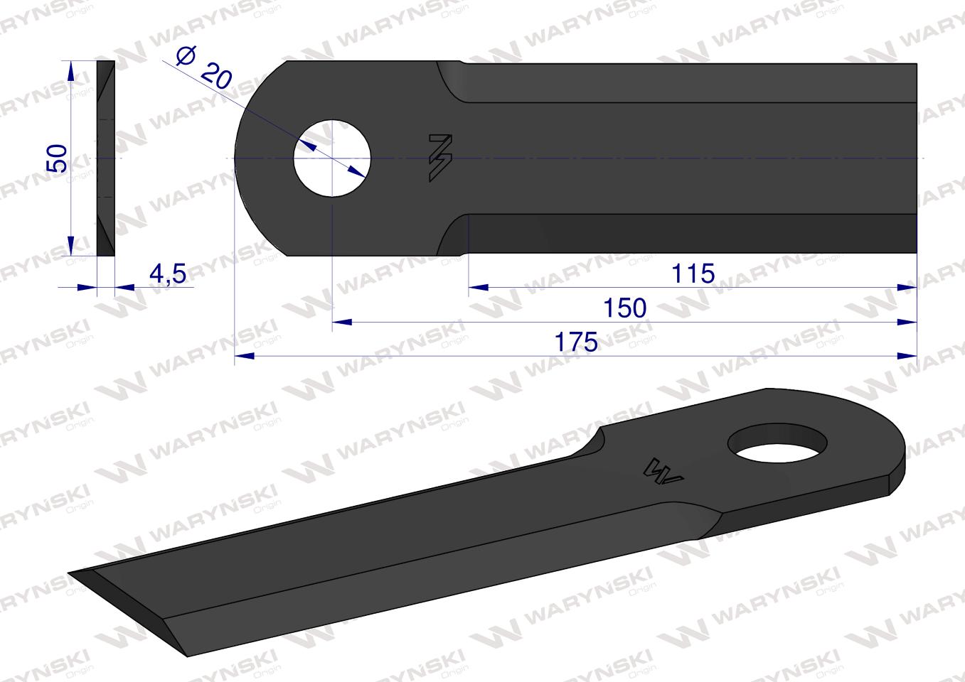 Nóż obrotowy rozdrabniacz słomy sieczkarnia gładki 175x50x4.5mm otwór 20 zastosowanie 320999350 New Holland  WARYŃSKI ( sprzedawane po 25 )