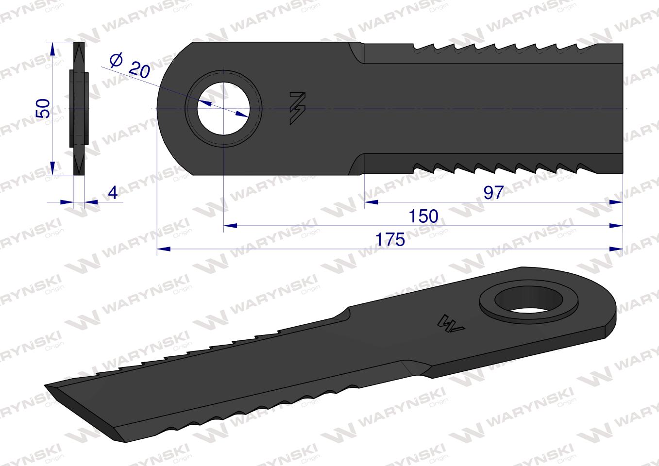 Nóż obrotowy rozdrabniacz słomy sieczkarnia uzębiony 173x50x4mm otwór 20 z tuleją zastosowanie 755784.1 Claas Lexion WARYŃSKI ( sprzedawane po 25 )