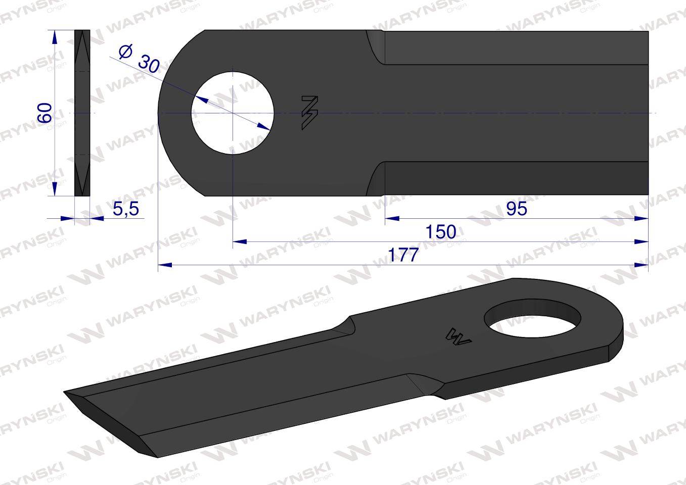 Nóż obrotowy rozdrabniacz słomy sieczkarnia gładki 177x60x5.5mm otwór 30 zastosowanie 065641 Claas WARYŃSKI ( sprzedawane po 15 )