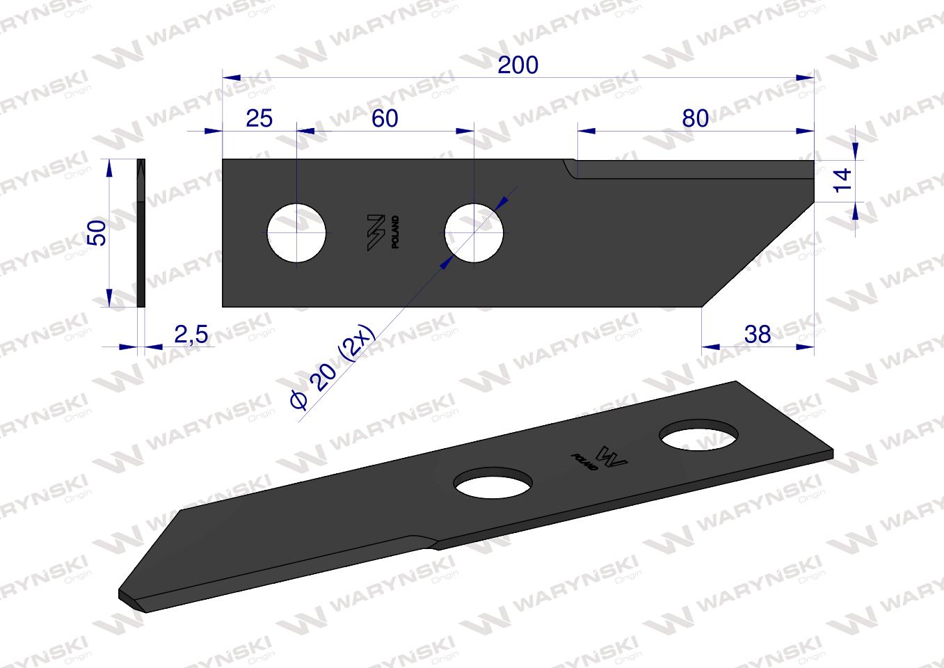 Nóż obrotowy rozdrabniacz słomy sieczkarnia 200x50x2.5mm otwór 20 zastosowanie HF40150 134830N Massey Ferguson WARYŃSKI ( sprzedawane po 25 )