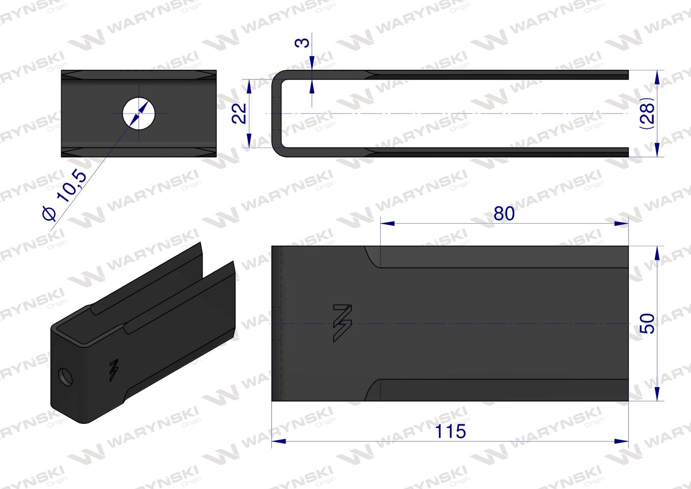 Nóż stały rozdrabniacz słomy sieczkarnia podwóny stalnica 115x50x3mm otwór 10.5 zastosowanie CF01601 John Deere WARYŃSKI ( sprzedawane po 10 )