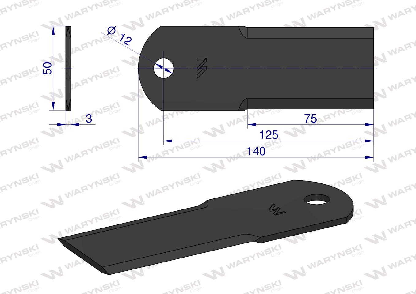 Nóż stały rozdrabniacz słomy sieczkarnia uzębiony 140x50x3mm otwór 12 zastosowanie 84437640 New Holland WARYŃSKI ( sprzedawane po 25 )