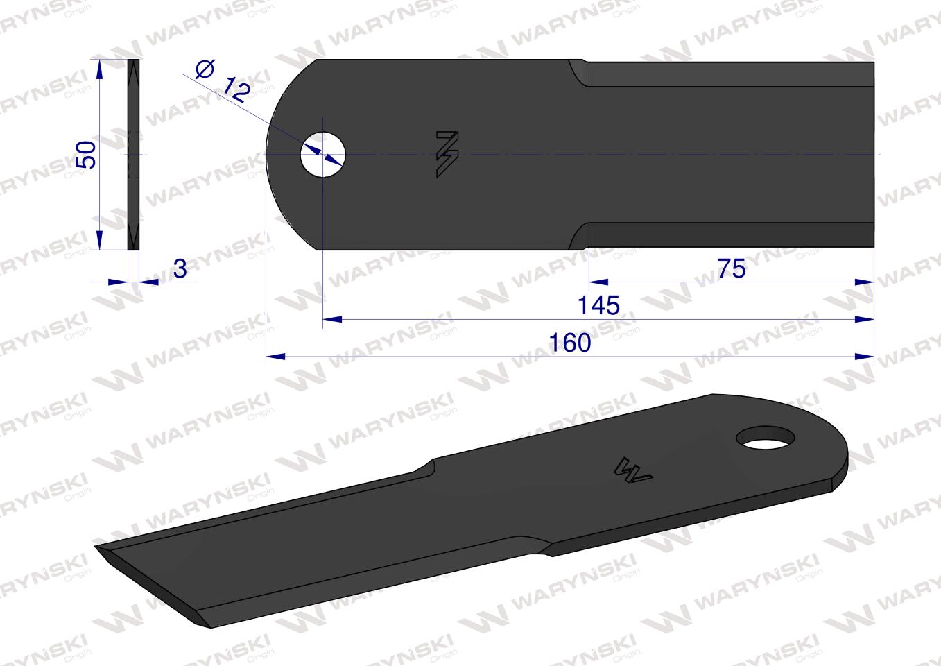 Nóż stały rozdrabniacz słomy sieczkarnia gładki 160x50x3mm otwór 12 zastosowanie 50028/4 900-603 New Holland WARYŃSKI ( sprzedawane po 25 )