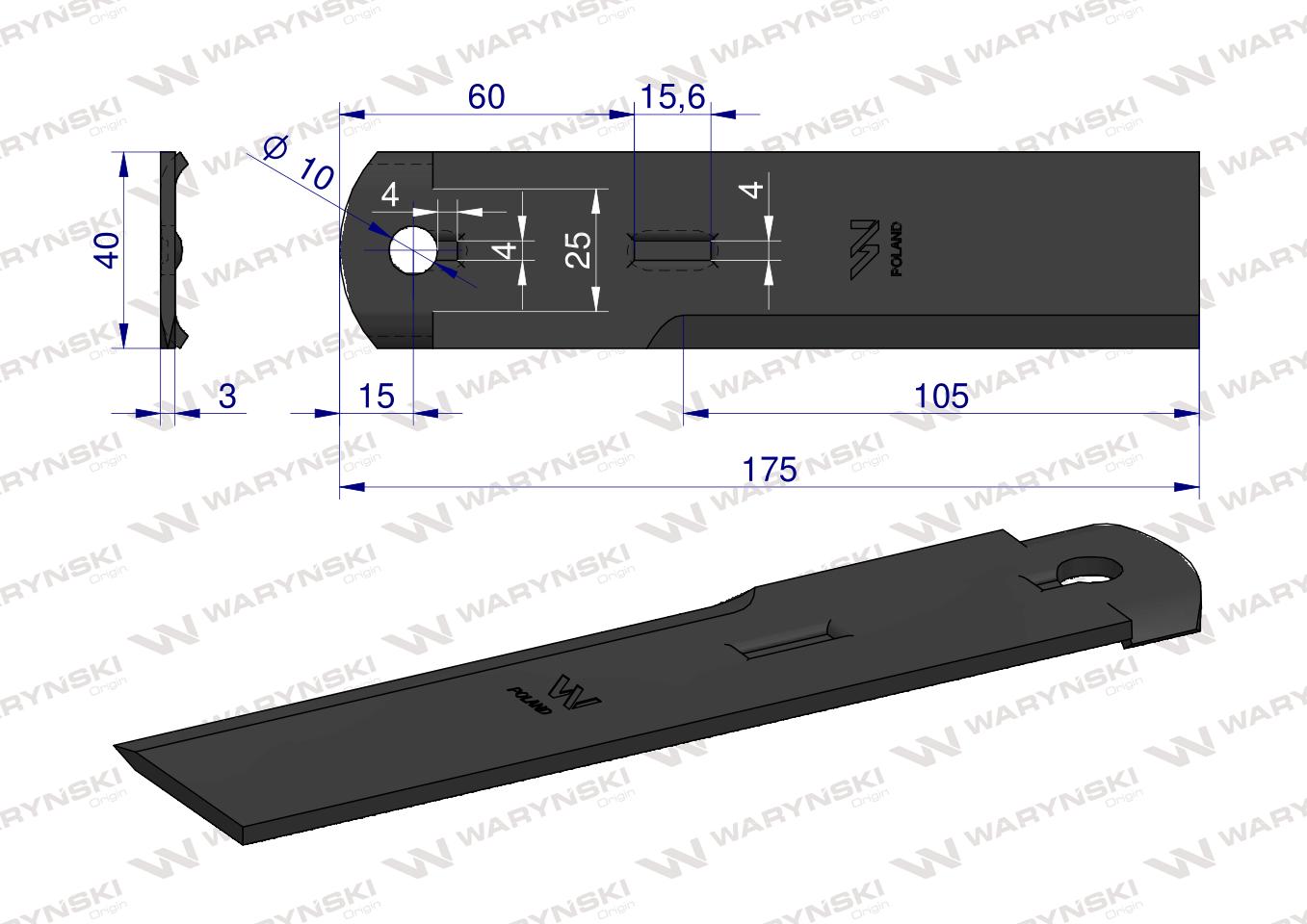 Nóż stały rozdrabniacz słomy sieczkarnia 175x40x3mm otwór 10 zastosowanie 1322233C2 525115 Dronningborg Case MF WARYŃSKI ( sprzedawane po 25 )