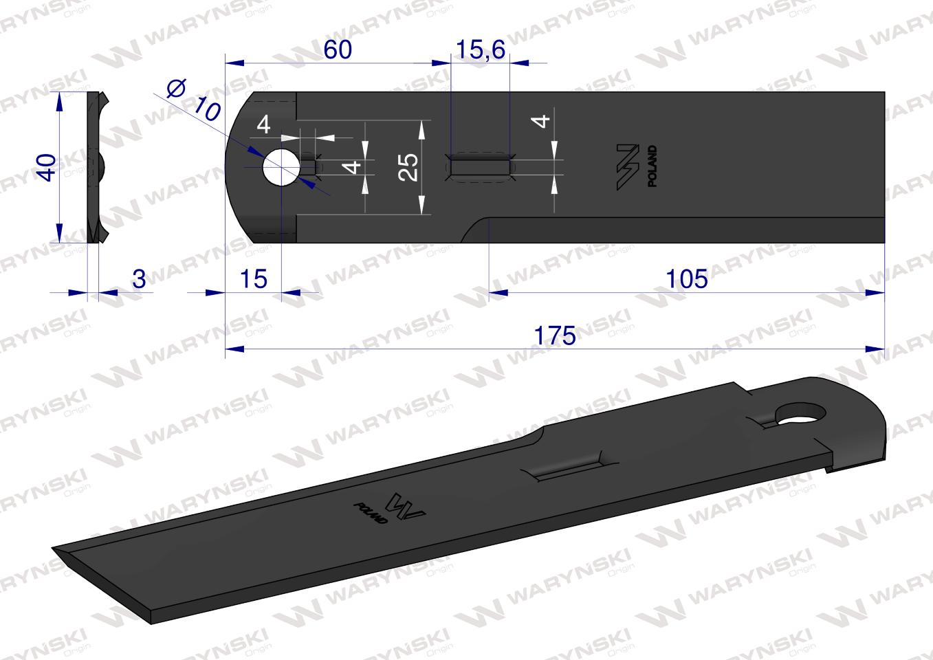 Nóż, stały rozdrabniacz słomy sieczkarnia 175x40x3mm otwór 10 zastosowanie 1322233C2 525115 Dronningborg Case MF WARYŃSKI, Waryński