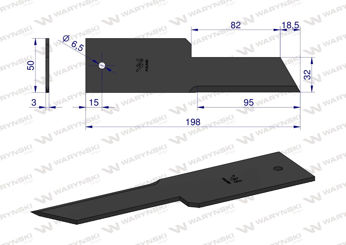 Nóż stały rozdrabniacz słomy sieczkarnia 198x50x3mm otwór 6.5 zastosowanie Z59020 280900Z John Deere WARYŃSKI ( sprzedawane po 25 )
