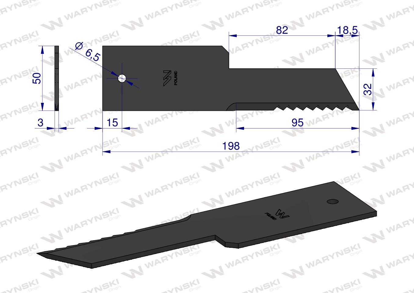 Nóż stały rozdrabniacz słomy sieczkarnia 198x50x3mm otwór 6.5 zastosowanie Z59033 280910Z John Deere WARYŃSKI ( sprzedawane po 25 )