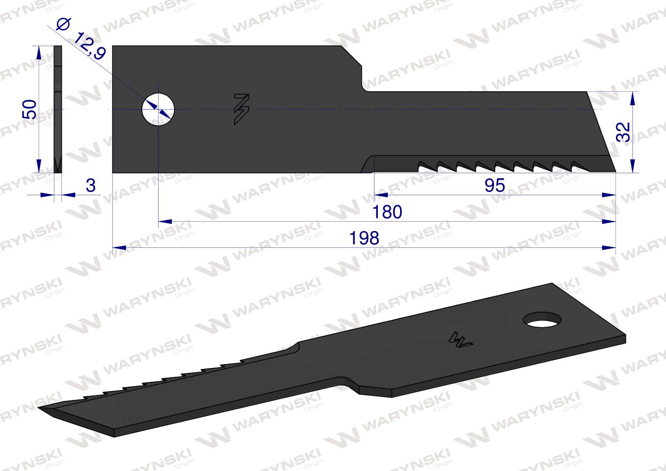 Nóż stały rozdrabniacz słomy sieczkarnia uzębiony 198x50x3mm otwór 13 zastosowanie 322291650 New Holland WARYŃSKI ( sprzedawane po 25 )