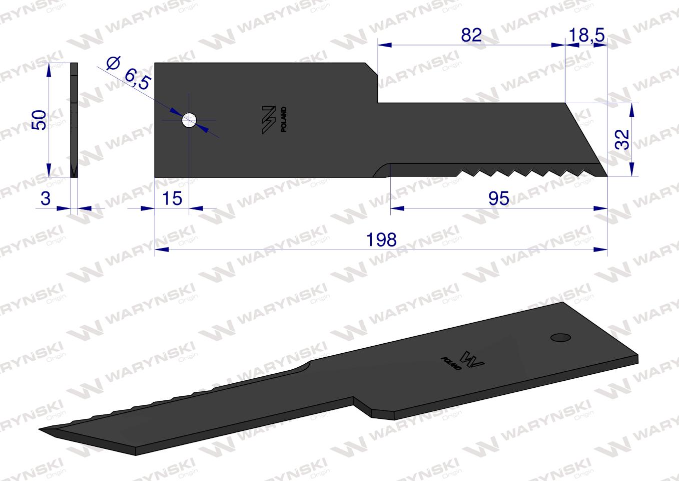 Nóż, stały rozdrabniacz słomy sieczkarnia 198x50x3mm otwór 6.5 zastosowanie Z59033 280910Z John Deere WARYŃSKI, Waryński